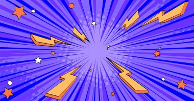 Dinamik aksiyon sahneleri için radyal hız çizgileri ve yıldırımlarla anime çizgi romanı arka planda patladı. Sarı yıldızlı ve enerji efektli mor güneş patlaması deseni. Manga tarzı patlama süper kahraman bg