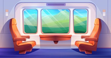 Turuncu koltuklu ve yolcu kompartımanı için pencereli tren koltukları birbirine bakan rahat sandalyeler, camdan kırsal manzara. Tren vagonu içeride, dışarısı dağ manzaralı..