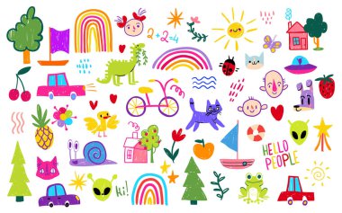 Çocuklar için gökkuşağı karalama seti renkli hayvanlar ve arabalar, ağaçlar, güneş ve çocuklar için eğlenceli karakterler. Parlak el çizimi elementler. Çocuk bakımı ya da eğitim materyalleri için hazırlanmış çocukça bir etiket.