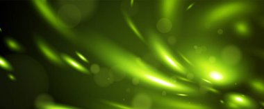 Ateşböceği etkisi, parlak yeşil ışık ışınları ve dinamik hareket grafiği için koyu arkaplan üzerinde bokeh daireler. Pırıl pırıl ışıl ışıllar ve sihirli atmosferde parıldayan küreler. Üst üste koymak için enerji çizgileri