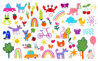 Çocuklar için gökkuşağı okulu resimlerinde hayvanlar, arabalar, meyveler ve renkli karalamalar var. Neşeli dinozor, bisiklet ve canlı stili evler. Öğrenme materyalleri için anaokulu ögeleri.