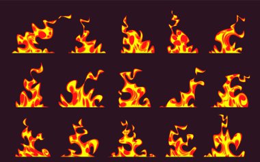 Oyun efektleri ya da animasyonlar için karanlık yüzeye parlak kırmızı ve sarı alevler yerleştirilmiş anime yangın arka planı. Değişik alev şekilleri ve boyutları ve dinamik hareket şekilleri. Şekil verilmiş çizgi film alevleri