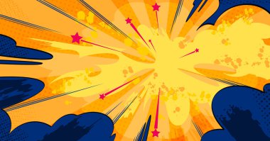 Manga aksiyon sahneleri ya da süper kahraman grafikleri için radyal hız çizgileri ve yıldızlarla anime çizgi romanı patlaması. Yarım tonlu noktalı ve hareketli dinamik enerji patlaması. Pop sanatının etki arka planı.