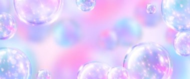 Köpüklü arka plan. Pastel üzerinde süzülen şeffaf kürelerin gerçekçi temsili pembe ve mor gradyan, rüya gibi estetik tasarım, havada uçuşan gökkuşağı küreleri, sihirli efekt