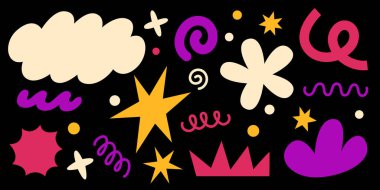 Bulut şekilli ve modern tasarım için renkli geometrik biçimlere sahip soyut çiçek elementleri. Canlı pembe girdaplar, mor dalgalar ve şekiller ve siyah arkaplanda sarı yıldızlar..