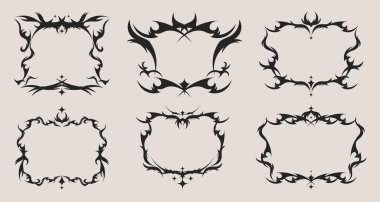 Siyah süs kenarları ve karanlık fantezi tasarımları için keskin dekoratif köşeleri olan gotik kabile iskeleti. Dövme veya metal albüm çizimleri için kıvrımlar gibi alevli dikdörtgen siluetler.