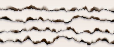 Yanmış kağıt kenarlarında yırtık izleri ve yırtık desenler klasik tasarım unsurları ya da hatıra defteri için. Yatay katmanlı şeritler ve farklı hasar şekilleri var. Grunge başlığı veya yırtık sayfalı kenar