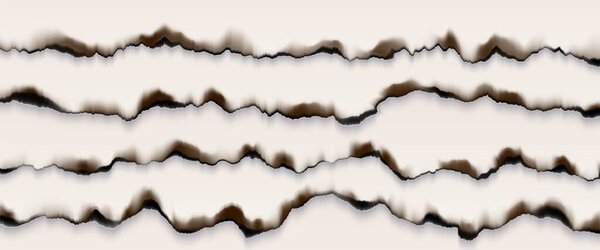 Burnt paper edges with tear marks and rip patterns for vintage design elements or scrapbooking. Layered horizontal strips with different damage styles. Grunge banner header or border with torn page