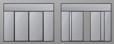 Siyah metal çerçeveli cam giriş kapıları ve şeffaf paneller. Ticari binalar için modern mağaza önü tasarımı. Çağdaş mimari unsurlar. Profesyonel iş erişim sistemleri