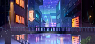 Şehir merkezinde yağmurlu gecelerde neon ışıklı levhalar ve parlayan pencereler olan bir yer. Islak binaların arasında renkli ışıkları olan bir sokak. Anime ya da siber punk geçmişleri için atmosferik şehir manzarası.