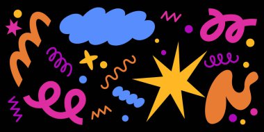 Soyut parlak şekiller siyah arkaplanda izole edildi. Bulut ve yıldız konuşma baloncuklarının vektör çizimi, renk karalamaları ve spiral çizgiler, retro tasarım unsurları, moda pankart dekorasyonu