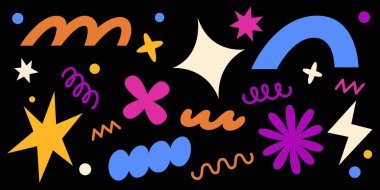 Modern sanat için siyah arka planda renkli çiçekler, spiraller, bulutlar ve geometrik şekiller içeren canlı soyut bir kompozisyon. Yıldızların oyuncu tasarım unsurları, şenlik posterleri için dalgalar ve noktalar.