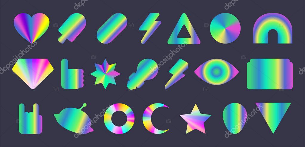 Y2k holographic sticker set with iridescent gradient shapes for retro designs - heart and arch, diamond, star and geometric icons. Vibrant neon colors with metallic finish for nostalgic aesthetic.