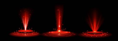 Yapay zeka portalı hologramı, kırmızı ışık efektleri ve siyah bg üzerindeki dairesel podyum platformlarıyla fütüristik görüntü için. Işınlanma için ışıldayan parçacıklar ve parlak bazlı parlayan enerji kolonları.