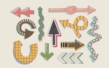 Renkli desenleri ve klasik navigasyon tasarımı için dokuları olan oyuncu retro ok seti. Nostaljik yol bulma grafiği için kıvrımlı, zigzag ve noktalı, ızgaralı ve çizgili düz yön sembolleri