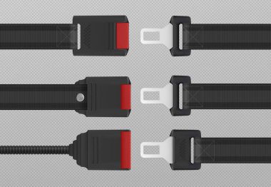 Modern emniyet kemerleri şeffaf arkaplanda izole edildi. Yolcu güvenliği için uçak emniyet kemerlerinin vektör gerçekçi çizimi, kazada yaralanma önleme, talimat tasarım unsurları