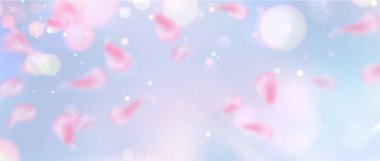 Yumuşak arka planda uçuşan bulanık çiçek yaprakları. Mavi üzerine pembe kiraz çiçeği yaprakları ve parıltılarının gerçekçi bir temsili. Bahar tatili arkaplanı, soyut çiçek posteri, pankart tasarımı.