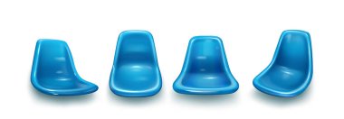 Spor arenası ve açık hava etkinliği için mavi plastik dizaynlı stadyum koltuğu. Dört açı, düzgün kıvrımlı yüzeyi olan modern kalıplı yapıyı gösteriyor. Konforlu oturma imkanları.