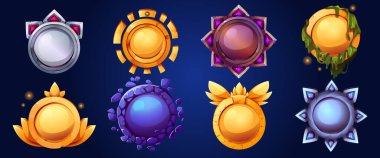 Dekoratif çerçeveli oyun avatar rozeti koleksiyonu - altın madalyalar, gümüş kalkanlar ve oyuncu profilleri için süslü kenarlı mor küreler. Fantezi başarı simgeleri veya sıralama sistemi ögeleri