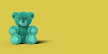 Mavi oyuncak ayı sarı bir arka plan üzerinde katta oturuyor. Açık