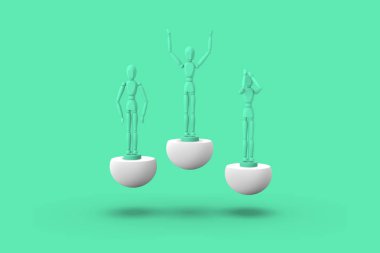 Bir spor soyut kaide üzerinde yeşil renkli üç oyuncak adam. Mini