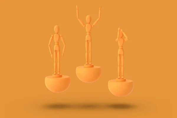 Three toy man of orange color on a sports abstract pedestal. Min — Stock Photo, Image