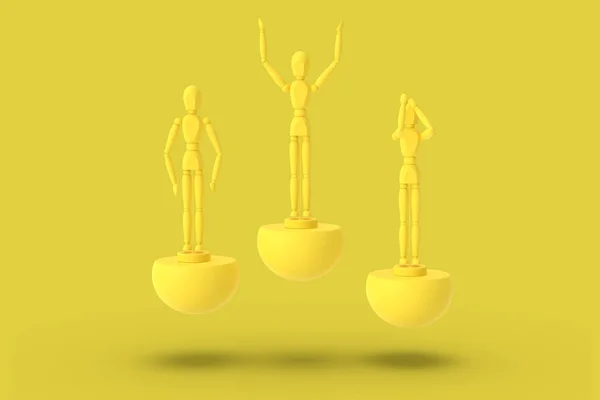 Tres hombre de juguete de color amarillo en un pedestal abstracto deportivo. Min. — Foto de Stock