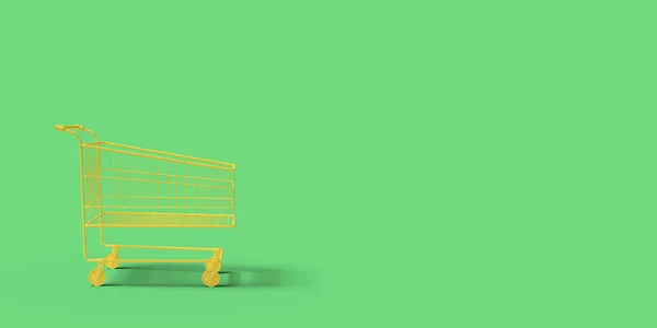 Yellow shop cart on a green background abstract image. Minimal c — Stok fotoğraf