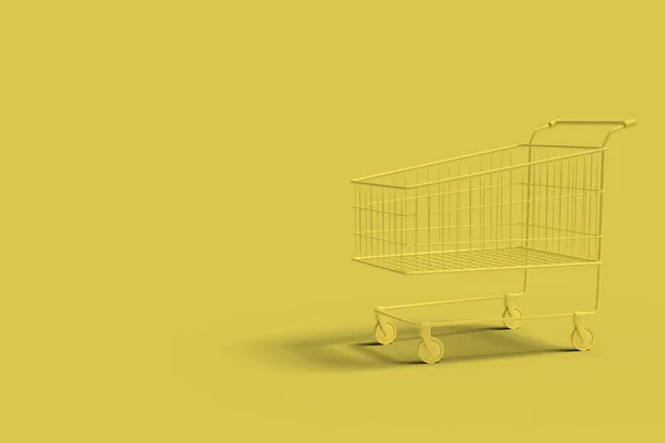 Sarı arka planda soyut bir resim üzerinde sarı alışveriş arabası. Asgari — Stok fotoğraf