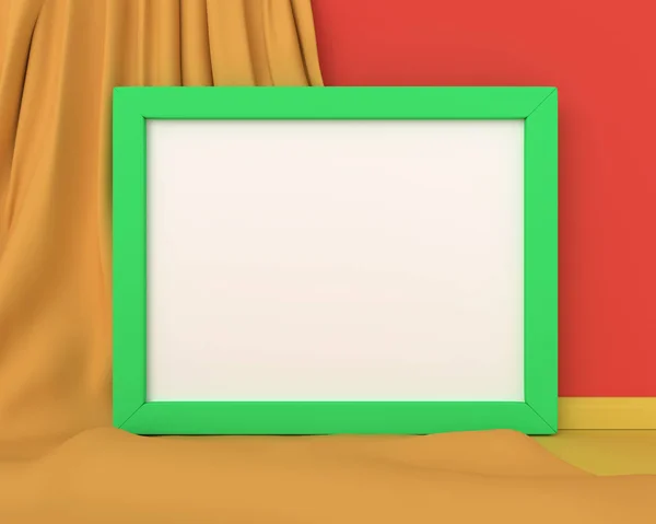 Mockup orizzontale cornice verde su uno sfondo di tessuto giallo abst — Foto Stock