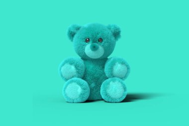 Mavi oyuncak ayı mavi bir arka plan üzerinde katta oturuyor. Abst