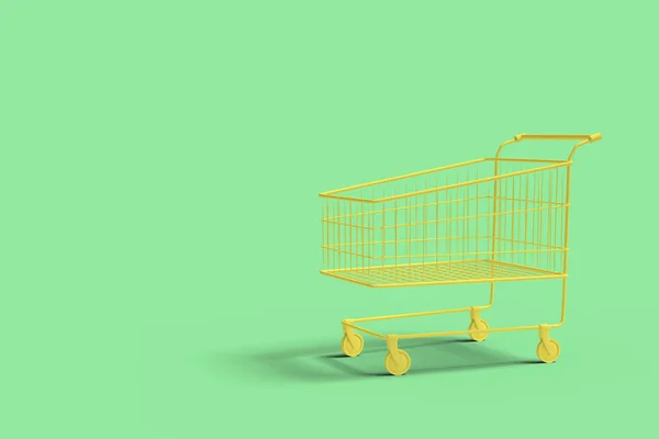 Yellow shop cart on a green background abstract image. Minimal c — Stockfoto