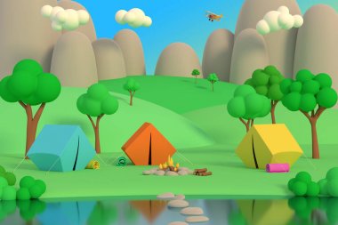 Öğleden sonra ormanda yaz kampı Mo bir arka planda