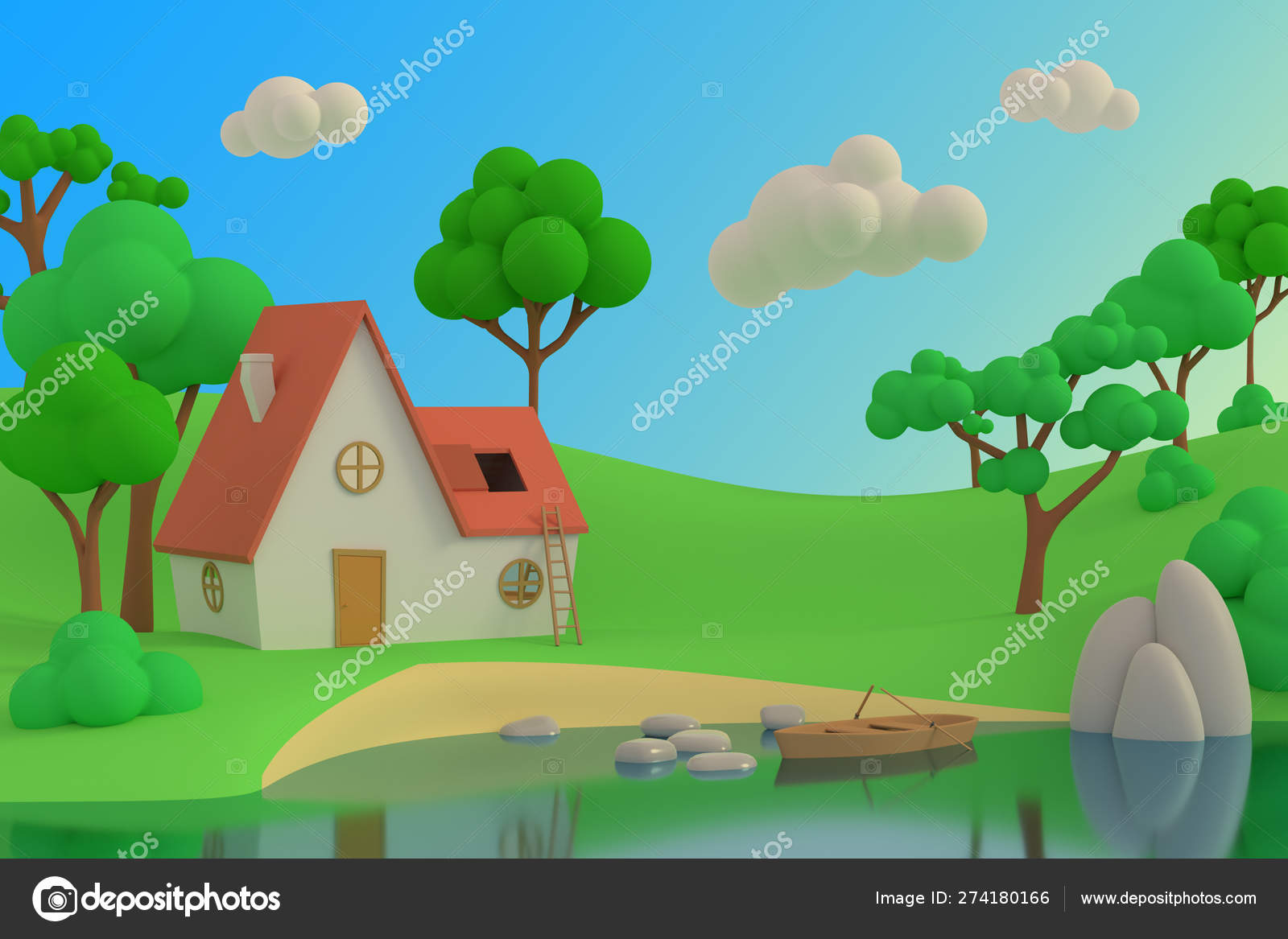 Cartoon house on the lake or river on a background of trees. 3D Stock Photo by ©Photolas 274180166 Cartoon house on the lake or river on a background of trees. 3D Stock Photo by ©Photolas 274180166