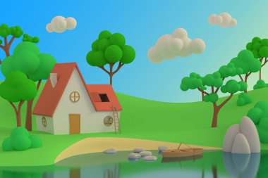 Ağaçların bir arka planda göl veya nehir üzerinde karikatür ev. 3d 