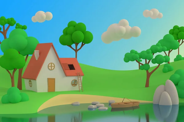 Мультяшний будинок на озері або річці на тлі дерев. тривимірний — стокове фото
