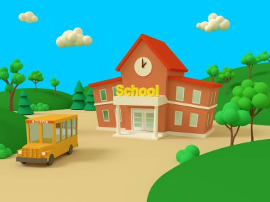 Yeşil yaz güzel toprakları ile okul binası ve sarı otobüs