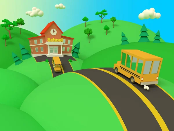 Edificio escolar y autobús amarillo con verdes tierras hermosas de verano —  Fotos de Stock