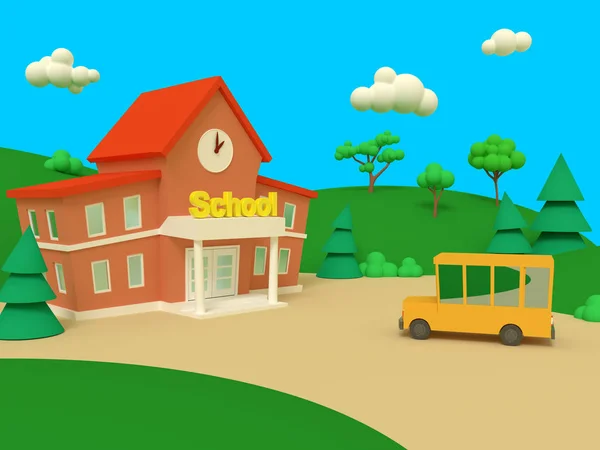 Schulgebäude und gelber Bus mit grünen Sommerlandschaften — Stockfoto