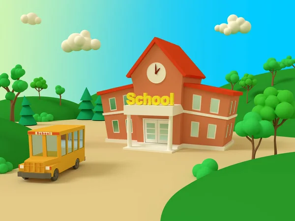 School building and yellow bus with green summer beautiful lands — Stock Photo, Image