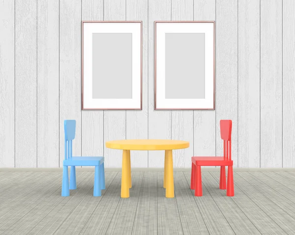 Zwei vertikale Rahmen-Attrappen aus Roségold im Kinderzimmer. das Minimum — Stockfoto