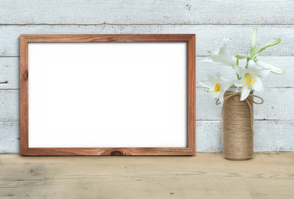 Horizontal A4 Old Wooden Frame mockup near a bouquet of lilies s