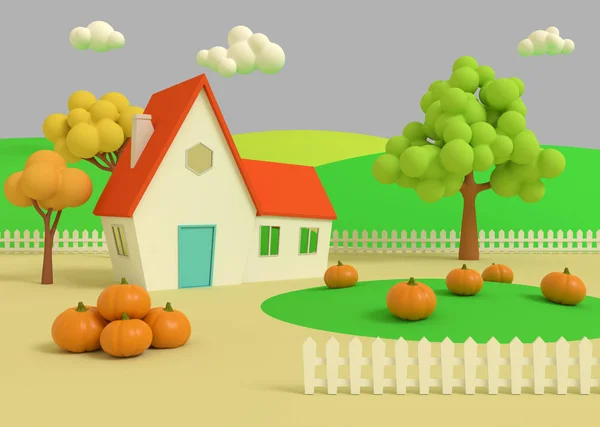 Casa en el campo de las calabazas en el fondo de los priores de otoño. Pintoresco paisaje rural con cosecha en estilo de dibujos animados. Renderizado 3D . — Foto de Stock