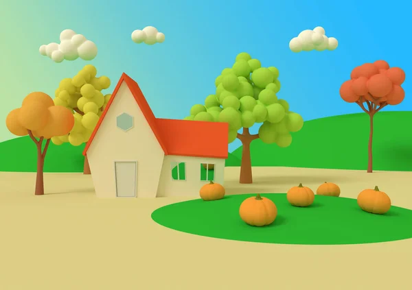 Pintoresco paisaje rural con cosecha en estilo de dibujos animados. Casa en el campo de las calabazas en el fondo de los priores de otoño. Renderizado 3D . —  Fotos de Stock