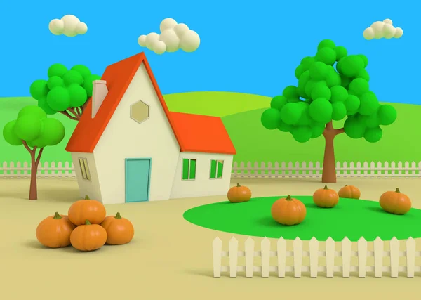 Σπίτι στον τομέα των κολοκύθες στο φόντο του φθινοπώρου καταδίκες. Γραφικό αγροτικό τοπίο με συγκομιδή σε στυλ κινουμένων σχεδίων. απόδοση 3D. — Φωτογραφία Αρχείου