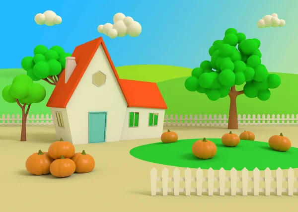 Pintoresco paisaje rural con cosecha en estilo de dibujos animados. Casa en el campo de las calabazas en el fondo de los priores de otoño. Renderizado 3D . — Foto de Stock