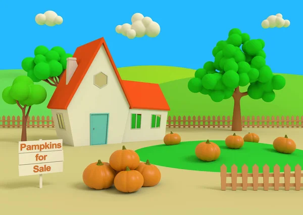 Maison dans le domaine des citrouilles sur le fond des antécédents d'automne. Paysage rural pittoresque avec récolte en style dessin animé. rendu 3D . — Photo