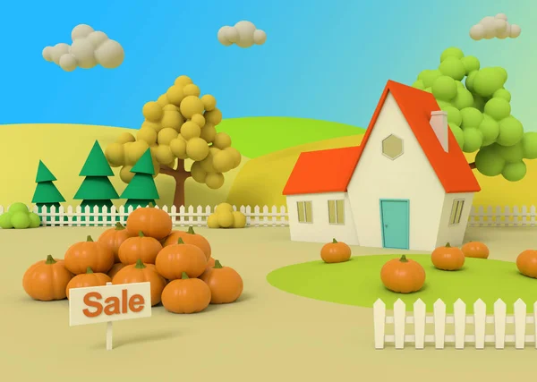 Maison dans le domaine des citrouilles sur le fond des antécédents d'automne. Paysage rural pittoresque avec récolte en style dessin animé. rendu 3D . — Photo