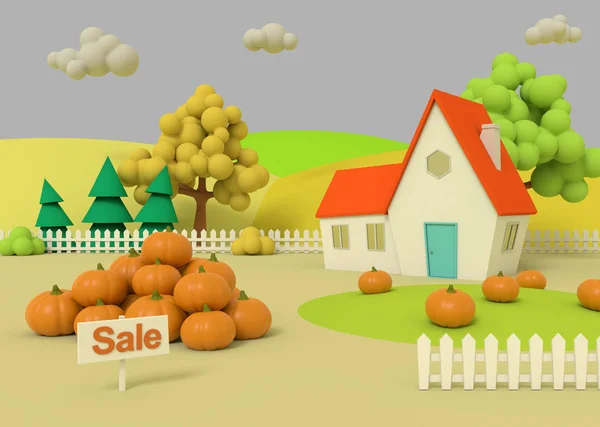 Paysage rural pittoresque avec récolte en style dessin animé. Maison dans le domaine des citrouilles sur le fond des antécédents d'automne. rendu 3D . — Photo