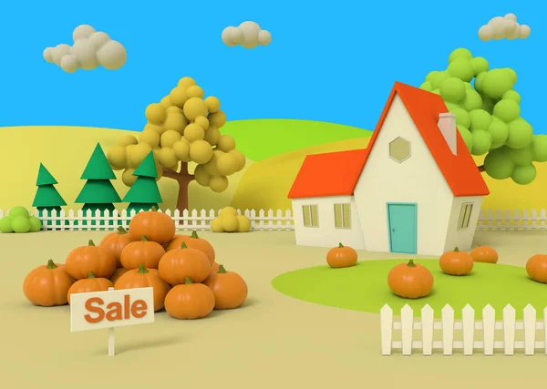 Maison dans le domaine des citrouilles sur le fond des antécédents d'automne. Paysage rural pittoresque avec récolte en style dessin animé. rendu 3D . — Photo